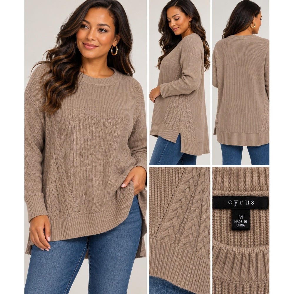Cyrus Womens Ribbed Cable Knit Side Tunic Sweater Taupe Tan Crew Neck Medium NEW